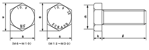 鋼 強度区分10.9 六角ボルト (全ねじ)(日本ファスナー品)の寸法図