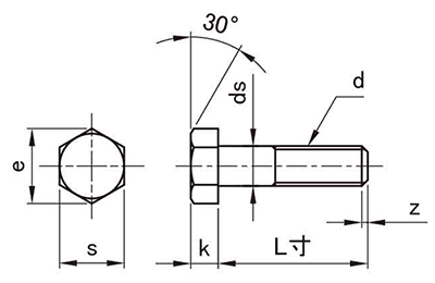 鋼 強度区分10.9 六角ボルト (輸入品)の寸法図