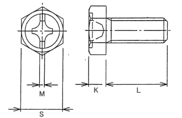 黄銅 六角頭(+)(-)グリーンボルト(アース用ねじ)の寸法図