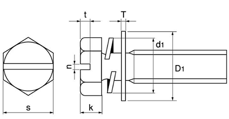 黄銅 六角頭(-)グリーンボルトセムス I＝3 (バネ座+ISO平座 組込)(ナツハラ)の寸法図