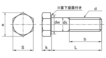 ステンレス 高強度A2-90 六角ボルト(半ねじ)(SUS304CUN)の寸法図