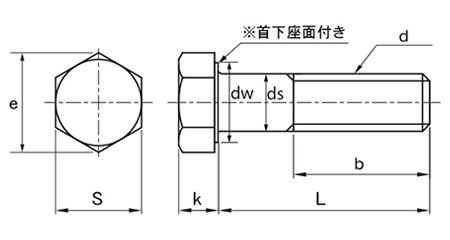 ステンレス 高強度A2-100 六角ボルト(半ねじ)(SUS304CUN)の寸法図