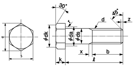 ステンレス 高強度A2-70 六角ボルト(半ねじ)(日本鋲螺品)の寸法図
