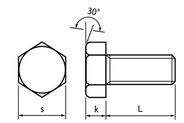 アルミ (A5056) 六角ボルト(全ねじ)の寸法図