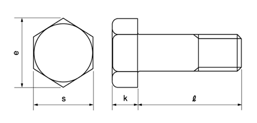 鋼 S45C(H) 六角ボルト(半ねじ)の寸法図