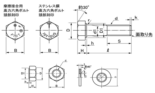 ステンレスSUS630 10T高力六角ボルト(六角ハイテン) (帝国製鋲)の寸法図