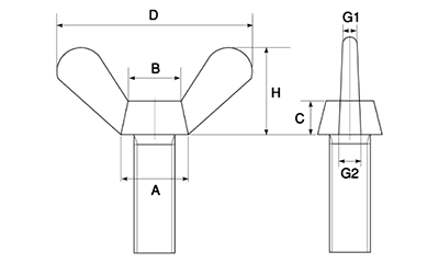 鉄 冷間蝶ボルト(1種)(インチ・ウイット)の寸法図
