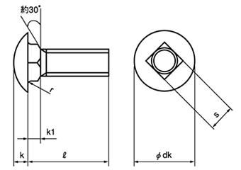 鉄 角根丸頭ボルト(A形1種)(全ねじ)(ミリネジ)の寸法図
