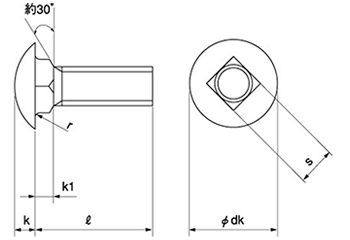 鉄 角根丸頭ボルト(A形1種)(B形)(根角ボルト)(インチ・ウイット)の寸法図