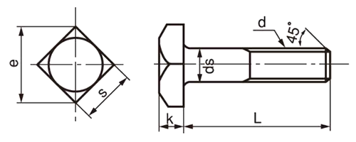 鉄 四角ボルト(半ねじ)(JIS規格品)の寸法図