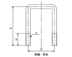 鉄 コの字ボルト(角パイプ用)(ロ75X40)の寸法図