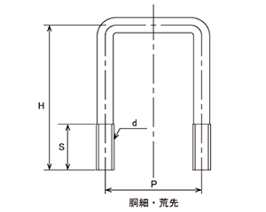 鉄 コの字ボルト(角パイプ用)(ロ75X45)の寸法図