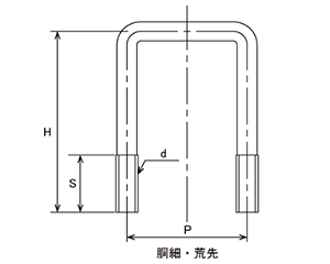 鉄 コの字ボルト(角パイプ用)(ロ100x100)の寸法図