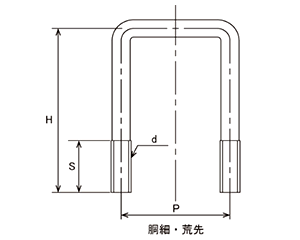 鉄 コの字ボルト(角パイプ用)(ロ150X75)の寸法図