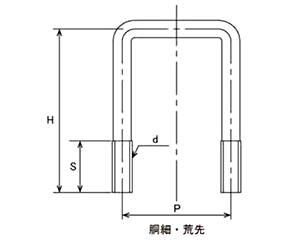 鉄 コの字ボルト(角パイプ用)(ロ150X80)の寸法図