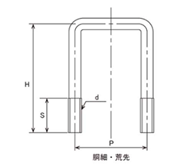 鉄 コの字ボルト(角パイプ用)(□100x100)(インチ・ウイット)の寸法図