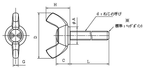 鉄 冷間蝶ボルト(2種)(OPG製)(インチ・ウイット)の寸法図