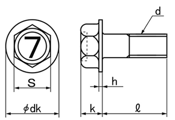 鋼 強度区分7 フランジボルト(1種) セレート無しの寸法図
