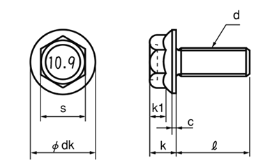 鋼 強度区分10.9 フランジボルト (2種・セレート無)(細目)の寸法図