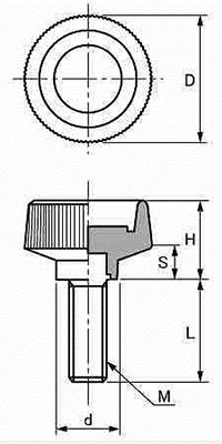 クランプ ノブボルト(外径小形) 黒 ABS樹脂 ねじ部鉄の寸法図