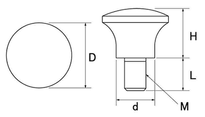 鉄 マッシュルーム ノブボルト(フェノール樹脂 黒)の寸法図