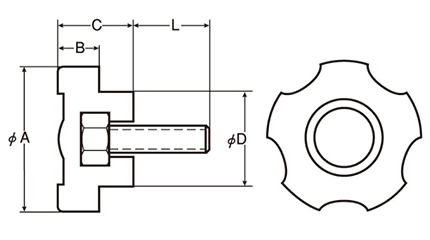 鉄 Gタイプ ノブボルト(G-2)黒 ABS樹脂(中型)の寸法図