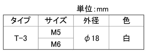鉄 ツールノブボルト(T-3)(白色)の寸法表