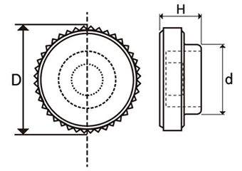D-キャップ(白)(丸型ローレット付)六角穴付ボルト圧入用キャップのみの寸法図