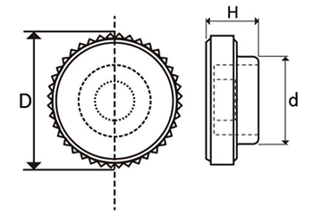 D-キャップ(黒)(丸型ローレット付) 六角穴付ボルト圧入用キャップのみの寸法図