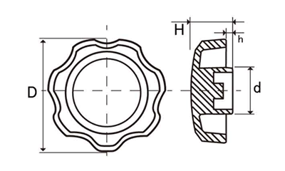 Dキャップ(黒色)(菊型) 六角穴付ボルト圧入用キャップのみ(樹脂POM製)の寸法図
