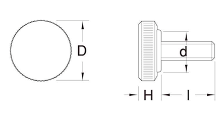 鋼 D-キャップスクリュー(黒色)(丸型ローレット付)の寸法図