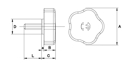 鉄 イーグルスターノブ 五平 ESK(黒 ASA樹脂) ねじ部鉄の寸法図