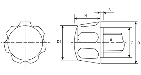 鉄 黒 花ボルト(NO.2)ポリアミド樹脂 花弁型 ねじ部鉄の寸法図