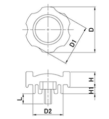 鉄 グリップボルト 黒 ABS樹脂 G1(小型)菊型 ねじ部鉄 (三星産業)の寸法図