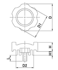 鉄 グリップボルト 黒 ABS樹脂 G2(中型)菊型 ねじ部鉄 (三星産業)の寸法図
