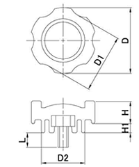 鉄 グリップボルト 黒 ABS樹脂 G3(大型)菊型 ねじ部鉄 (三星産業)の寸法図