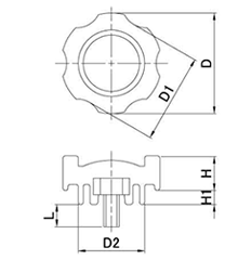 鉄 グリップボルト 黒 ABS樹脂 G4(特大型)菊型 ねじ部鉄 (三星産業)の寸法図