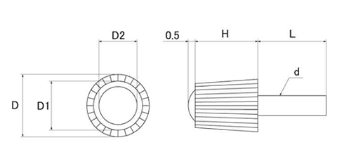 ハイピック(白)(No2)円筒型 ABS樹脂 ねじ部鉄 (大丸鋲螺)の寸法図