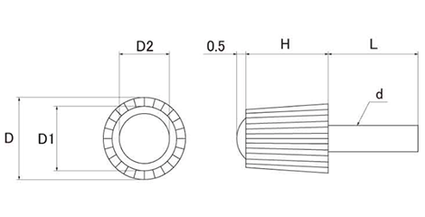 ハイピック(黒)(No2)円筒型 ABS樹脂 ねじ部鉄 (大丸鋲螺)の寸法図
