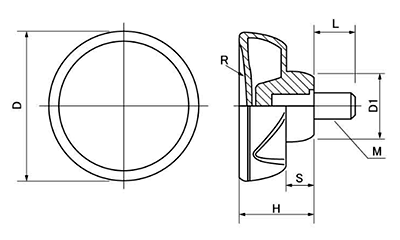 ラージグリップボルト (D45)黒ナイロン樹脂 丸型 ねじ部黄銅 (大丸鋲螺)の寸法図