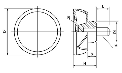 ラージグリップボルト (D70)黒ナイロン樹脂 丸型 ねじ部黄銅 (大丸鋲螺)の寸法図