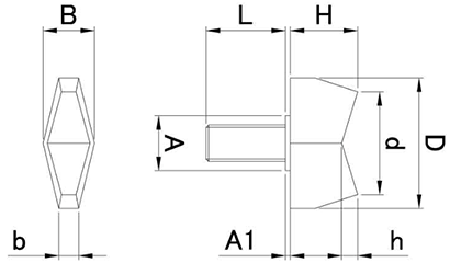 鉄 黒 ナイロン蝶ボルト(NO.1)ナイロン66 ねじ部鉄の寸法図