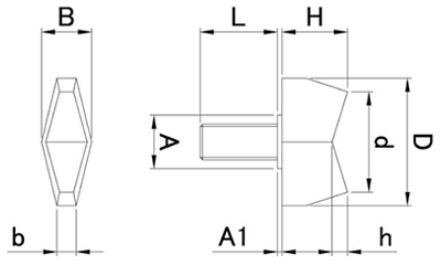 鉄 白 ナイロン蝶ボルト(NO.2)ナイロン66 ねじ部鉄の寸法図