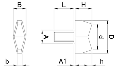 鉄 黒 ナイロン蝶ボルト(NO.3)ナイロン66 ねじ部鉄の寸法図