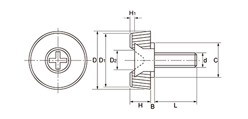 鉄 プラポイントNO.2 (白)(+)頭 ABS樹脂 丸型 ねじ部鉄の寸法図