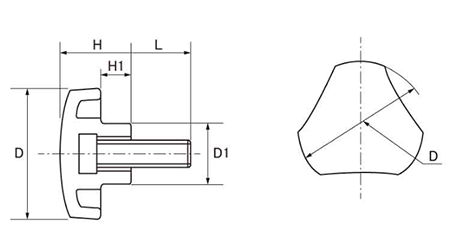 鉄 グリップボルトS (黒樹脂)三角形 ねじ部鉄 (大丸鋲螺)の寸法図