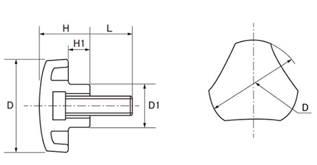 鉄 グリップボルトS2 (黒樹脂)三角形 ねじ部鉄 (大丸鋲螺)の寸法図