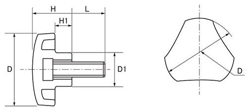 鉄 グリップボルトS3 (黒樹脂)三角形 ねじ部鉄 (大丸鋲螺)の寸法図