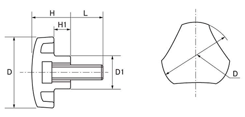 鉄 グリップボルトS4 (黒樹脂)三角形 ねじ部鉄 (大丸鋲螺)の寸法図