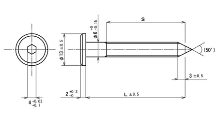 鉄 ジョイントコネクターボルトCタイプ JCB-C首下段無し(六角穴)(頭径D＝13)(安達鋼業製)の寸法図